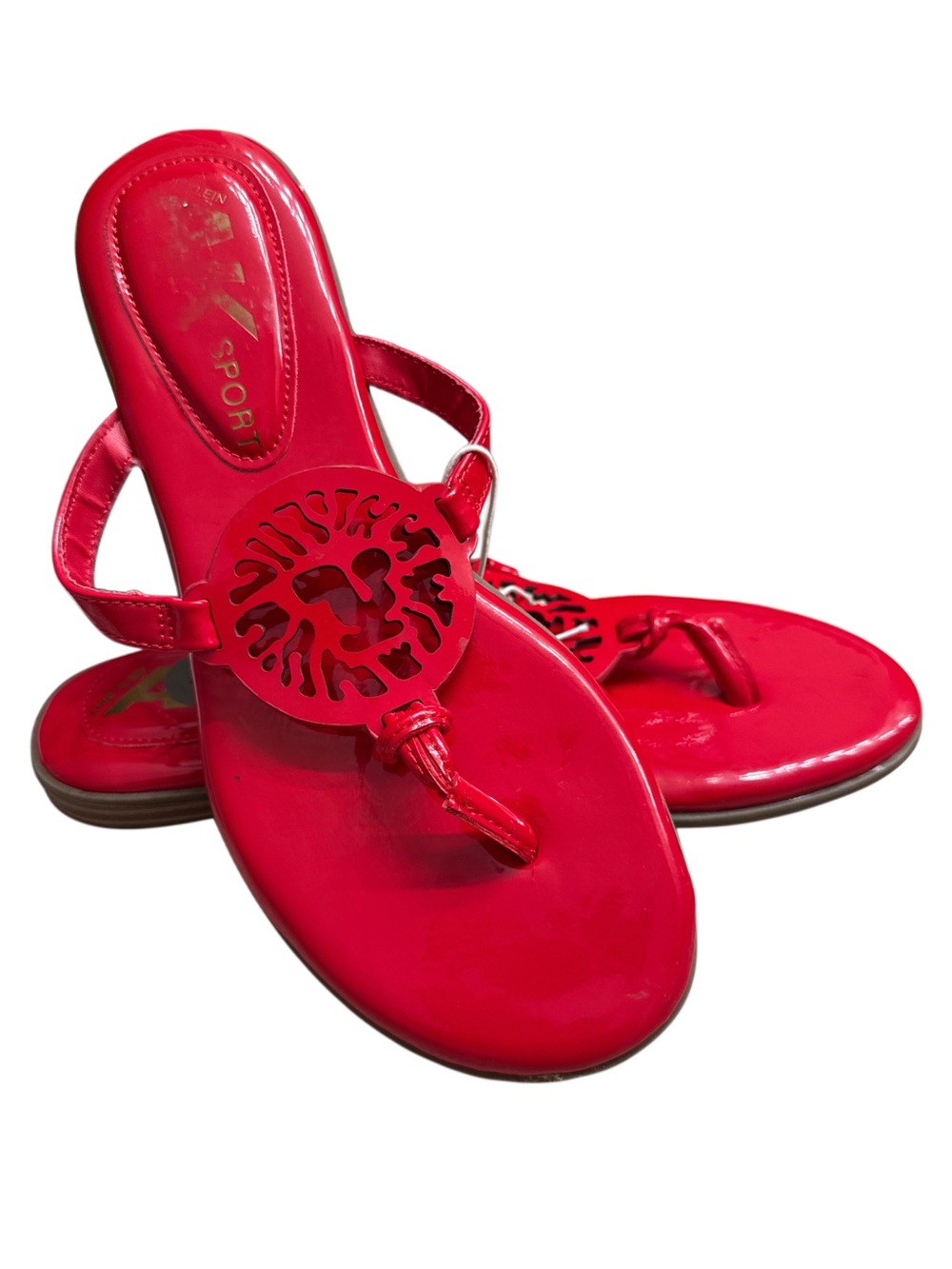Anne Klein Red Patent Thong Sandals with Cutout Medallion